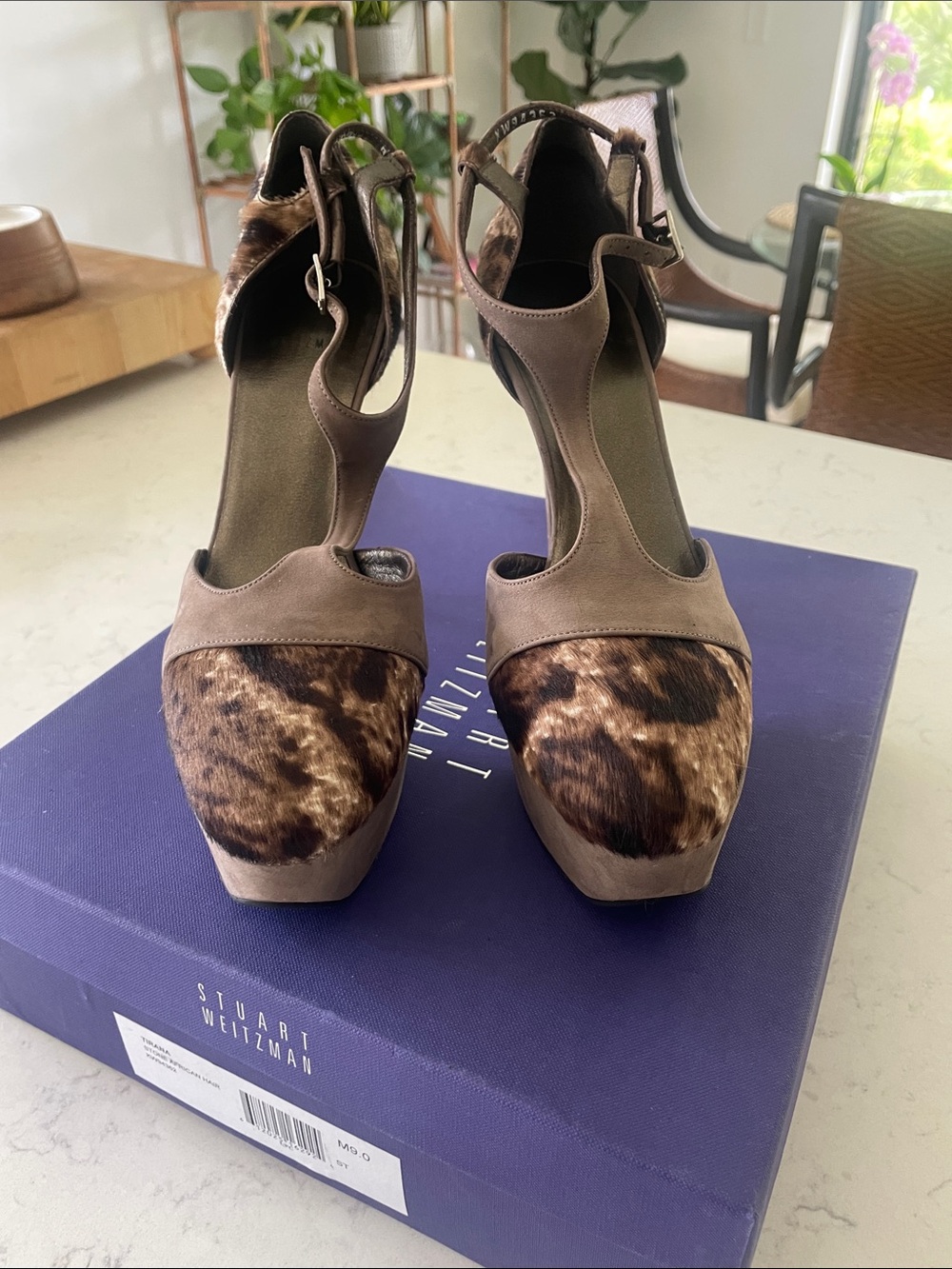 Stuart Weitzman Taupe and Leopard-Print T-Strap Platform Heels